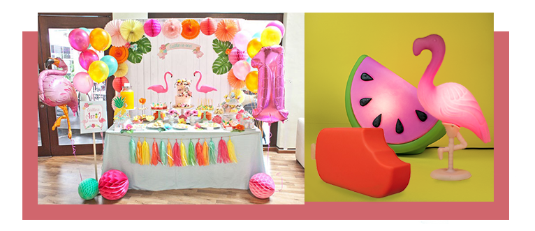 decoração criativa de festa infantil luminária flamingo picolé melancia usare