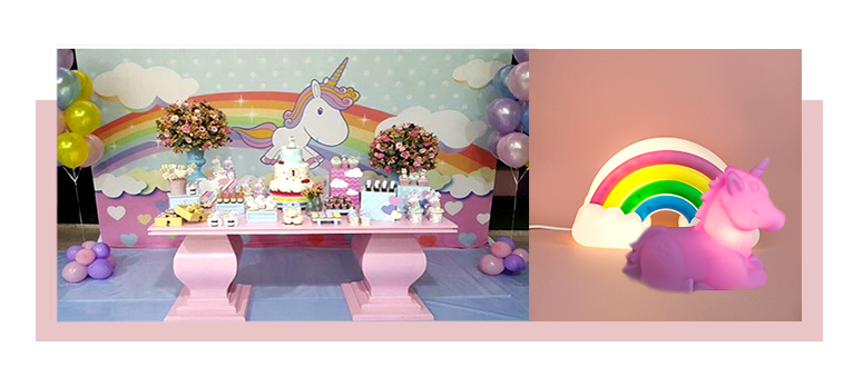 decoração criativa de festa infantil unicórnio arco-íris